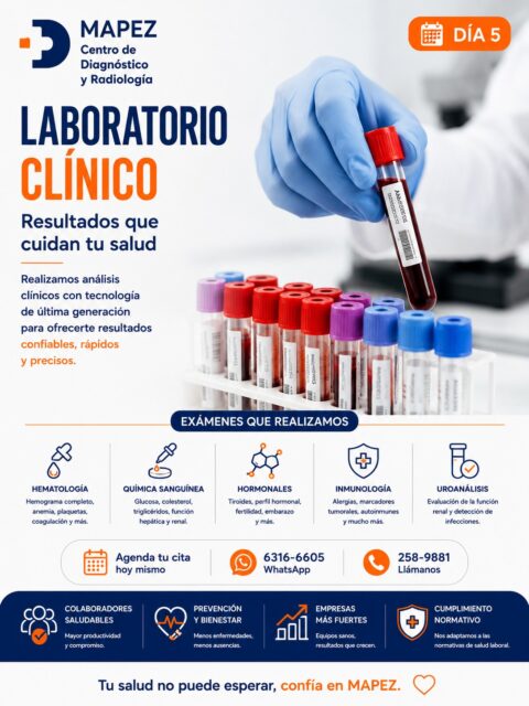 Un simple análisis de sangre puede darte las respuestas que necesitas para mantener tu bienestar al 100%. En nuestro Laboratorio Clínico, realizamos análisis con tecnología avanzada para garantizarte resultados rápidos y precisos en los que puedes confiar.

Contamos con una amplia gama de exámenes para ti y tu familia:
👉 Hematología (Chequeo de anemia, plaquetas y coagulación)
👉 Química Sanguínea (Control de glucosa, colesterol y triglicéridos)
👉 Hormonales (Perfil tiroideo, fertilidad y embarazo)
👉 Inmunología (Alergias y marcadores autoinmunes)
👉 Uroanálisis (Detección de infecciones y función renal)

No dejes tu bienestar para después. ¡Tu cuerpo te lo agradecerá!

#Mapez #LaboratorioClinico #AnalisisClinicos #Hematologia #QuimicaSanguinea #ExamenDeSangre #SaludLaboral #MedicinaPreventiva #ChequeoMedico #BienestarLaboral #SaludPanama #ResultadosRapidos #ExamenesMedicos #SaludYBienestar #CuidadoDeLaSalud