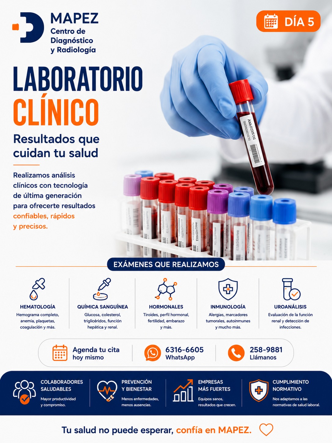 Un simple análisis de sangre puede darte las respuestas que necesitas para mantener tu bienestar al 100%. En nuestro Laboratorio Clínico, realizamos análisis con tecnología avanzada para garantizarte resultados rápidos y precisos en los que puedes confiar.

Contamos con una amplia gama de exámenes para ti y tu familia:
👉 Hematología (Chequeo de anemia, plaquetas y coagulación)
👉 Química Sanguínea (Control de glucosa, colesterol y triglicéridos)
👉 Hormonales (Perfil tiroideo, fertilidad y embarazo)
👉 Inmunología (Alergias y marcadores autoinmunes)
👉 Uroanálisis (Detección de infecciones y función renal)

No dejes tu bienestar para después. ¡Tu cuerpo te lo agradecerá!

#Mapez #LaboratorioClinico #AnalisisClinicos #Hematologia #QuimicaSanguinea #ExamenDeSangre #SaludLaboral #MedicinaPreventiva #ChequeoMedico #BienestarLaboral #SaludPanama #ResultadosRapidos #ExamenesMedicos #SaludYBienestar #CuidadoDeLaSalud