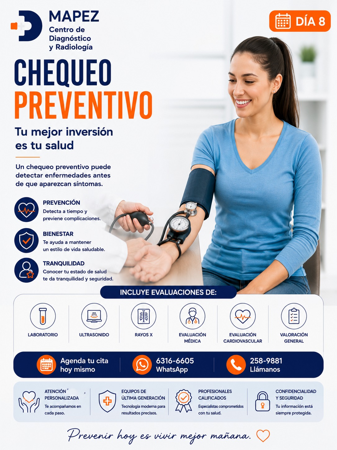 Prevenir hoy es vivir mejor mañana. ¡Tu mejor inversión es tu salud! 🩺✨

A veces dejamos los temas de salud para después, pensando que si no hay dolor, todo está bien. Sin embargo, el cuidado real comienza mucho antes de que aparezcan los síntomas. Un chequeo preventivo a tiempo es la clave definitiva para adelantarte a cualquier complicación y asegurar un futuro pleno.

En el Día 8 de nuestra campaña en MAPEZ Centro de Diagnóstico y Radiología, te recordamos que regalarte un espacio para evaluar tu organismo es el acto de amor propio más inteligente que puedes hacer.

#Mapez #SaludDiaria #ChequeoPreventivo #PlanesCorporativos #RecursosHumanos #LaChorrera #SaludPanama #MedicinaPreventiva #BienestarLaboral #SaludOcupacional #ResultadosConfiables #TuSaludEsPrioridad