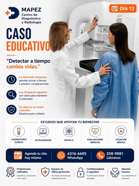 "Detectar a tiempo cambia vidas." 🩺✨ Tu salud es tu mayor inversión y estamos aquí para cuidarla.

Muchas veces asociamos ir al médico únicamente con sentirnos enfermos. Sin embargo, el verdadero poder de la medicina está en la prevención. Un diagnóstico oportuno tiene la capacidad de cambiar por completo el rumbo de una historia, abriendo las puertas a tratamientos eficaces antes de que aparezcan las complicaciones.

En el Día 12 de Salud Diaria, en MAPEZ Centro de Diagnóstico y Radiología, compartimos este Caso Educativo para recordarte que la detección temprana es la herramienta más valiosa que tienes para proteger tu futuro y el de tu familia.

🔍 ¿Por qué son clave tus chequeos regulares?

⏱️ Actúa a tiempo: La detección temprana permite intervenir de forma oportuna y prevenir complicaciones severas.

🛡️ Mantén tu bienestar: Los exámenes periódicos son la base para asegurar que tu cuerpo funcione en total equilibrio.

💎 Tu mayor activo: Cuidar de tu salud es la inversión más inteligente y valiosa que puedes hacer en la vida.

#Mapez #SaludDiaria #CasoEducativo #DeteccionTemprana #MedicinaPreventiva #LaChorrera #SaludPanama #Ultrasonido #LaboratorioClinico #RayosX #ResultadosConfiables #TuSaludEsPrioridad