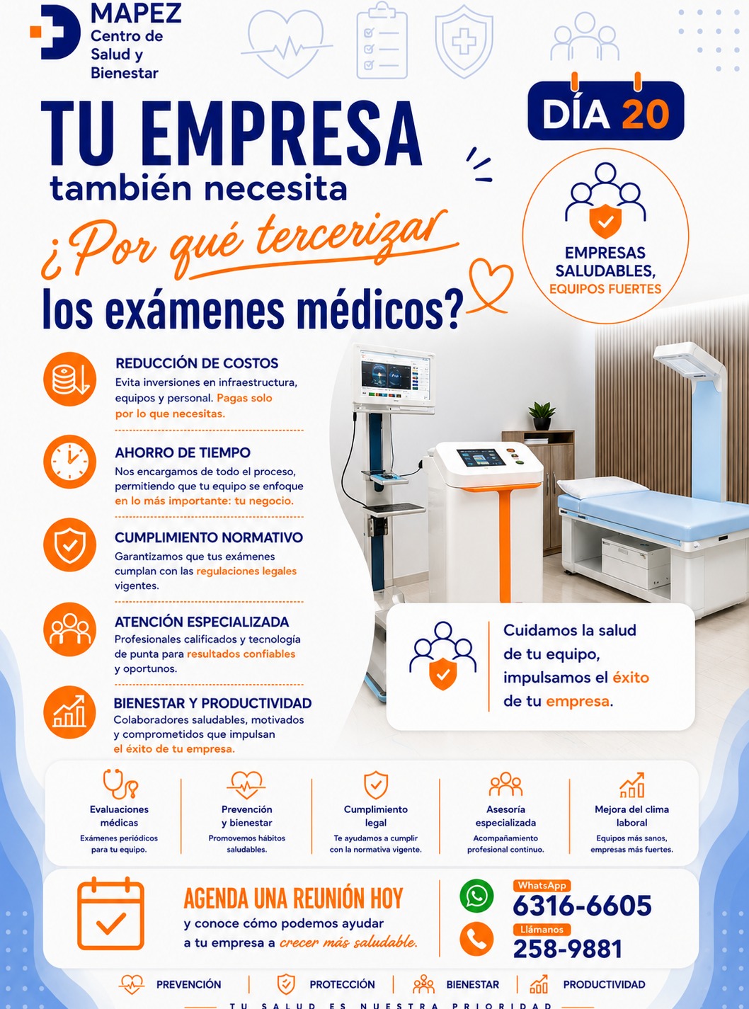 En el Día 20 de Salud Diaria, en MAPEZ te explicamos cómo optimizamos la salud ocupacional de tu equipo:

📉 Reducción de costos: Evitas inversiones en equipos y personal especializado.

⏱️ Ahorro de tiempo: Nos encargamos de todo el proceso para que tú te enfoques en tu negocio.

⚖️ Cumplimiento normativo: Garantizamos que tus procesos cumplan con todas las regulaciones vigentes.

🚀 Bienestar y productividad: Colaboradores sanos y motivados impulsan el éxito de tu empresa.

¡Deja la salud de tu equipo en manos expertas! Agenda una reunión hoy y conoce cómo podemos ayudar a tu empresa a crecer más saludable.

#Mapez #SaludDiaria #SaludOcupacional #DeteccionTemprana #Prevencion #SaludFemenina #SaludLaboral #LaChorrera #EmpresasSaludables #Bienestar #MedicinaPreventiva