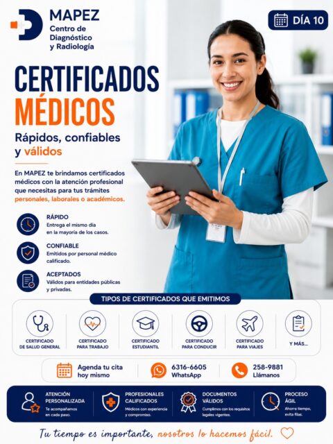 Tu tiempo es importante, ¡nosotros lo hacemos fácil! 📑 

¿Necesitas presentar un certificado de salud para un nuevo empleo, la universidad, renovar tu licencia o para tu próximo viaje? 💼🚗✈️ En el Día 10 de Salud Diaria, te recordamos que en MAPEZ Centro de Diagnóstico y Radiología te brindamos el respaldo médico profesional que necesitas para tus trámites personales, laborales o académicos.

Olvídate de las largas filas y las esperas interminables. Con nuestro proceso ágil, cuidamos de tu salud y también de tu tiempo.

🔍 ¿Por qué tramitar tus certificados en MAPEZ?

⏱️ RÁPIDO: Te ofrecemos la entrega el mismo día en la mayoría de los casos. ¡Ahorra tiempo y evita filas!

👩‍⚕️ CONFIABLE: Todos nuestros documentos son emitidos por personal médico altamente calificado y con experiencia.

🛡️ ACEPTADOS: Cumplimos al 100% con los requisitos legales vigentes, por lo que son completamente válidos para entidades públicas y privadas.

📋 Tipos de certificados que emitimos:

🩺 Certificado de Salud General.

💼 Certificado para Trabajo.

🎓 Certificado Estudiantil.

🚗 Certificado para Conducir.

✈️ Certificado para Viajes… ¡Y más!

#Mapez #SaludDiaria #CertificadosMedicos #CertificadoDeSalud #LaChorrera #SaludPanama #TramitesPanama #CertificadoDeTrabajo #MedicinaPreventiva #AtencionRapida #ProcesosAgiles #TuSaludEsPrioridad