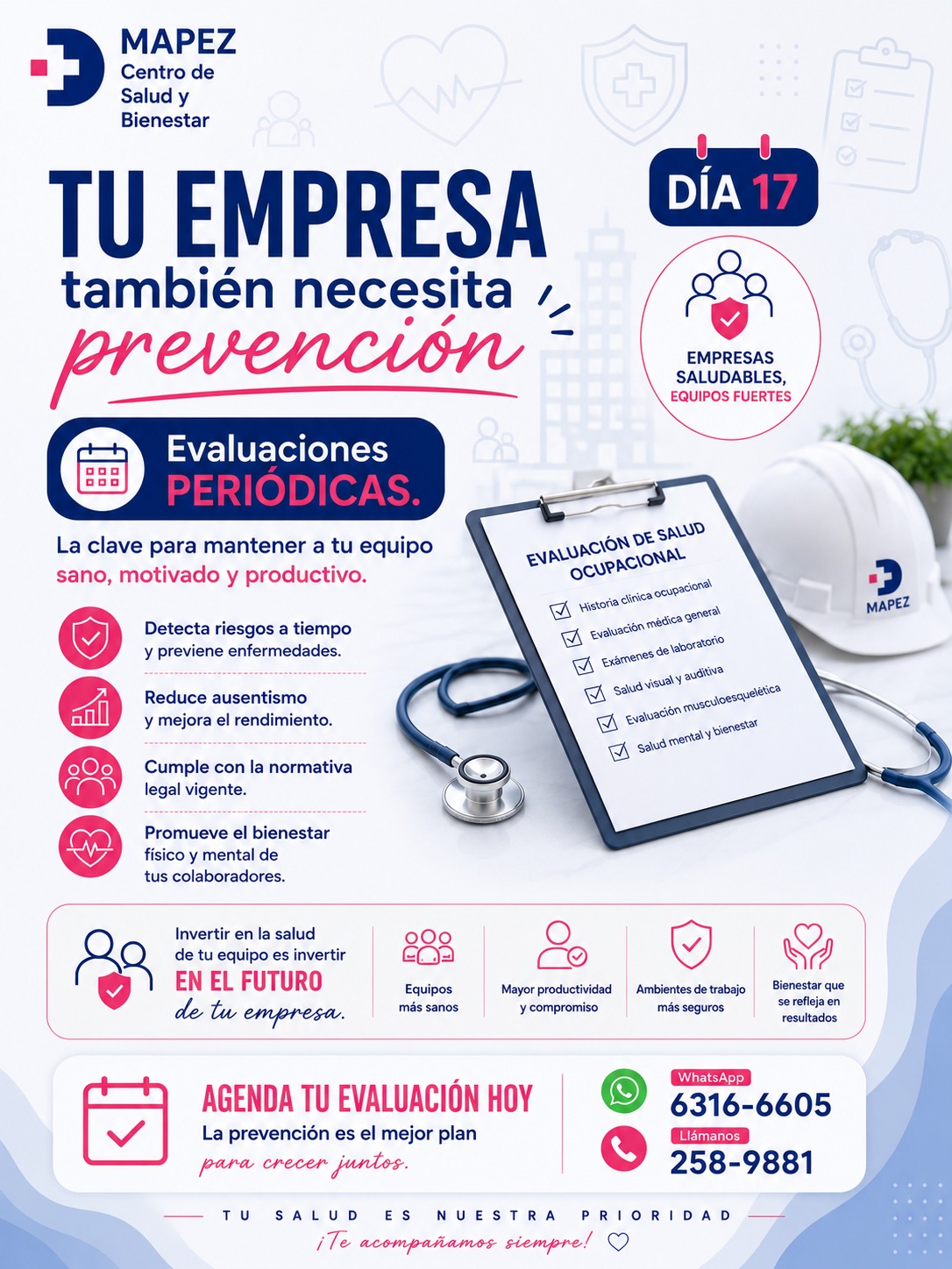 Tu empresa también necesita prevención: Evaluaciones Periódicas. 🏢🩺 Mantener a tu equipo sano es la clave para un entorno motivado y productivo.

La salud de tus colaboradores no es un chequeo único; es un compromiso constante. En el Día 17 de Salud Diaria en MAPEZ, te recordamos que realizar evaluaciones periódicas es la mejor estrategia para proteger el activo más valioso de tu organización.

✅ ¿Qué evaluamos para tu tranquilidad?

Historia clínica ocupacional y examen médico general.

Exámenes de laboratorio y salud visual/auditiva.

Evaluación musculoesquelética.

Bienestar y salud mental.

Invertir en la salud de tu equipo es invertir en el futuro de tu empresa. ¡Agenda tu evaluación hoy! La prevención es el mejor plan para crecer juntos.

#Mapez #SaludOcupacional #EvaluacionesPeriodicas #SaludEmpresarial #LaChorrera #BienestarLaboral #EmpresasPanama