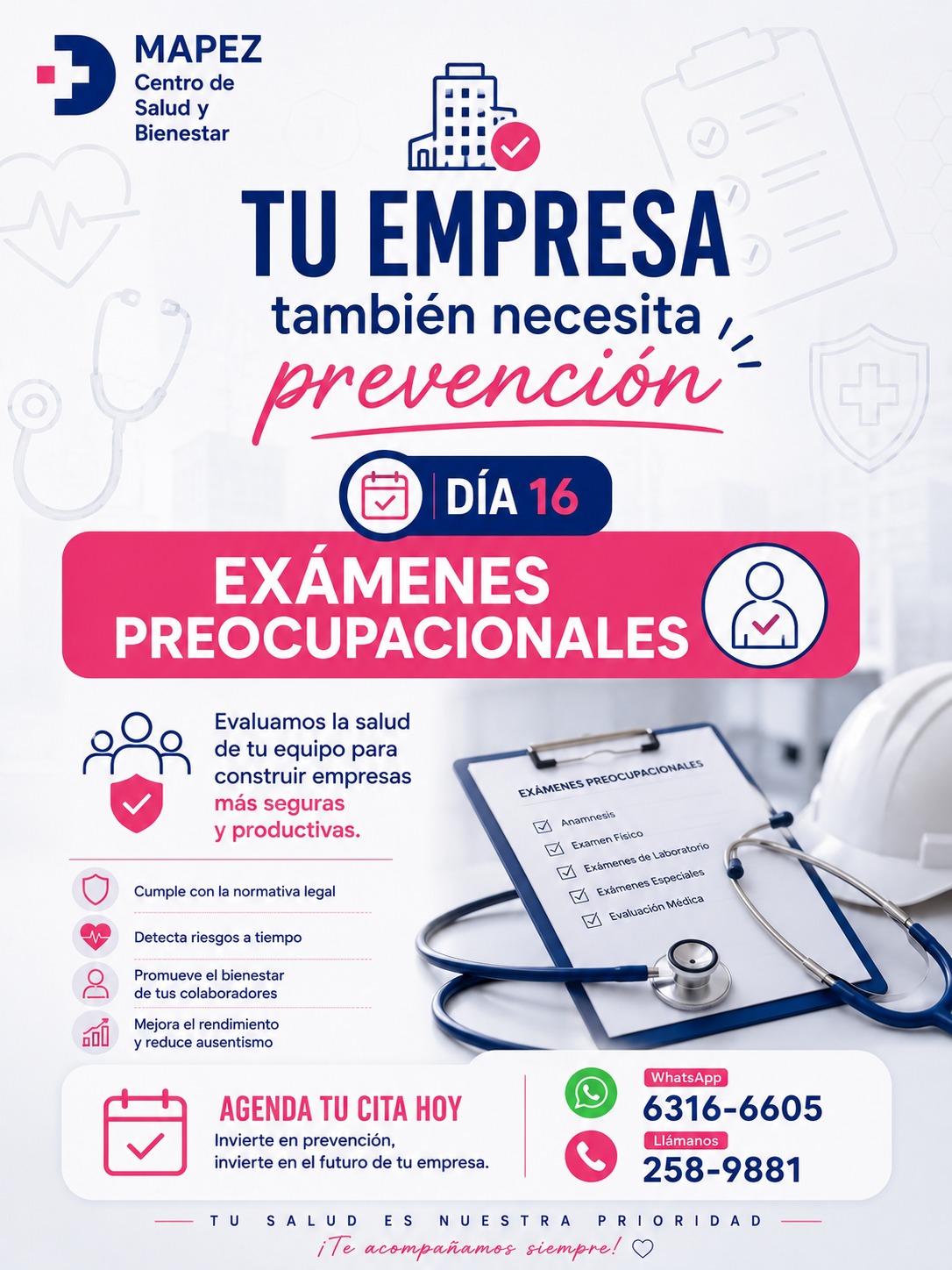 Tu empresa también necesita prevención: Exámenes Preocupacionales. 📋✨ Evaluamos la salud de tu equipo para construir empresas más seguras y productivas.

La prevención no es un evento de una sola vez; es un proceso continuo que acompaña el crecimiento de tus colaboradores. En el Día 16 de Salud Diaria, en MAPEZ Centro de Salud y Bienestar, te recordamos que realizar evaluaciones periódicas es la clave para mantener el bienestar de tu activo más importante: tu gente.

🚀 ¿Por qué son esenciales los exámenes preocupacionales?

✅ Cumplimiento total: Asegura que tu empresa esté alineada con toda la normativa legal vigente.

🎯 Detección oportuna: Identificamos cualquier riesgo a tiempo antes de que afecte la salud o el desempeño.

🤝 Promoción del bienestar: Demuestra compromiso real con la calidad de vida de tus colaboradores.

📈 Optimización: Mejora el rendimiento del equipo y reduce el ausentismo laboral.

#Mapez #SaludDiaria #ExamenesPreocupacionales #SaludOcupacional #SeguridadLaboral #LaChorrera #SaludPanama #MedicinaPreventiva #BienestarLaboral #EmpresasPanama #RendimientoLaboral #TuSaludEsPrioridad