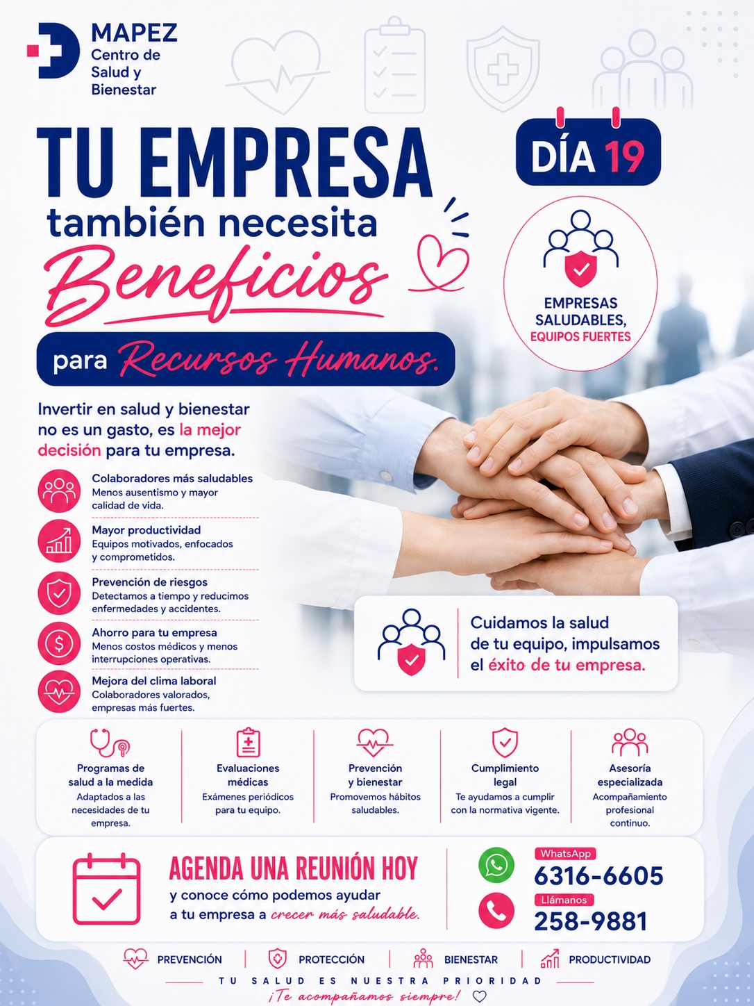 ¡Atención líderes y equipos de Recursos Humanos! Tu empresa también necesita beneficios en salud corporativa. 💼✨ Invertir en bienestar no es un gasto, es la mejor decisión estratégica.

En el Día 19 de Salud Diaria en MAPEZ, queremos hablar de quienes hacen posible el éxito de tu empresa: tus colaboradores. Cuidar de ellos es la base para construir organizaciones verdaderamente fuertes y rentables.

✅ ¿Qué logras al invertir en la salud de tu equipo?

📉 Menos ausentismo: Colaboradores más sanos y con mejor calidad de vida.

📈 Mayor productividad: Equipos motivados, enfocados y comprometidos.

🛡️ Prevención de riesgos: Detección oportuna que evita enfermedades y accidentes.

💰 Ahorro real: Menos costos médicos y reducción de interrupciones operativas.

🤝 Mejor clima laboral: Empleados valorados hacen empresas invencibles.

En MAPEZ no solo hacemos exámenes; somos tu aliado estratégico. Ofrecemos programas de salud a la medida, evaluaciones médicas, asesoría especializada continua y garantía de cumplimiento legal.

Cuidamos la salud de tu equipo para impulsar el éxito de tu empresa. ¡Agenda una reunión corporativa con nosotros hoy mismo y descubre cómo podemos crecer juntos!

#Mapez #SaludDiaria #RecursosHumanos #SaludCorporativa #BienestarLaboral #EmpresasSaludables #SaludOcupacional #HRPanama #EmpresasPanama #LaChorrera #ProductividadLaboral #PrevencionDeRiesgos