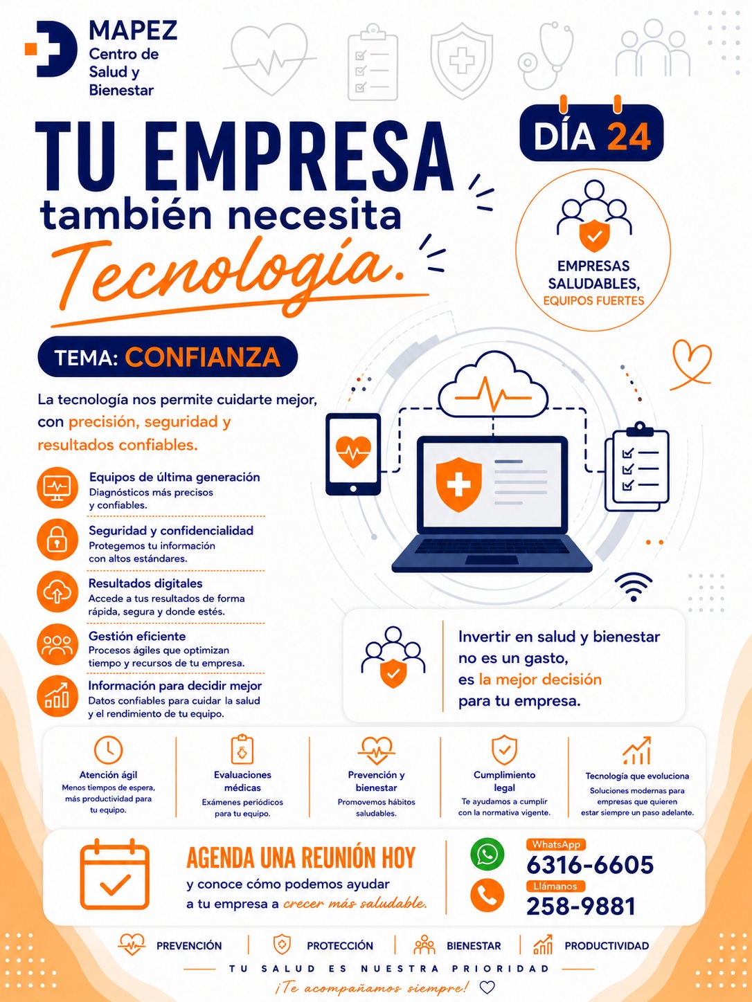 La tecnología y la salud van de la mano para cuidar mejor de tu equipo. 🏢💻

Porque innovar también es proteger, contar con herramientas modernas nos permite ofrecerte diagnósticos precisos y una gestión más ágil.

Tema de hoy: CONFIANZA Y TECNOLOGÍA ✨

¿Cómo nos ayuda la tecnología a cuidar de tu empresa?

🖥️ Equipos de última generación: Diagnósticos más precisos y confiables.

🔒 Seguridad y confidencialidad: Protegemos tu información con altos estándares.

☁️ Resultados digitales: Accede a tus resultados de forma rápida, segura y donde estés.

⚡ Gestión eficiente: Procesos ágiles que optimizan tiempo y recursos.

📊 Información para decidir mejor: Datos confiables para cuidar la salud y el rendimiento del equipo.

#Mapez #TecnologiaMedica #SaludOcupacional #EmpresasSaludables #BienestarLaboral #SaludEmpresarial #Prevencion #Productividad #LaChorrera #SaludPanama