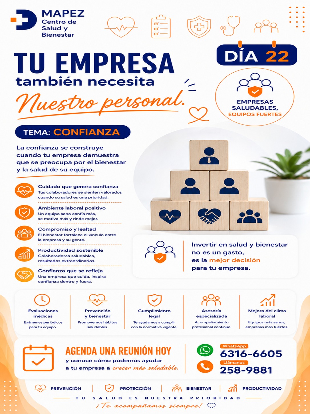 La confianza es la base de todo gran equipo. 🏢🤝

Cuando una empresa demuestra con hechos que el bienestar y la salud de su equipo son una prioridad, se crea un vínculo indestructible de lealtad y compromiso.

Tema de hoy: CONFIANZA ✨

¿Cómo impacta la salud en tu empresa?

❤️ Cuidado que genera confianza: Tus colaboradores se sienten valorados.

🛡️ Ambiente laboral positivo: Un equipo sano se motiva más y rinde mejor.

🤝 Compromiso y lealtad: Se fortalece la conexión entre la organización y su gente.

📈 Productividad sostenible: Colaboradores saludables generan resultados extraordinarios.

Invertir en salud y bienestar no es un gasto, es la mejor decisión para tu empresa. Agenda una reunión hoy con nosotros y descubre cómo podemos ayudar a tu equipo a crecer más saludable.

#Mapez #ConfianzaLaboral #SaludOcupacional #EmpresasSaludables #BienestarLaboral #SaludEmpresarial #Prevencion #Productividad #LaChorrera #SaludPanama