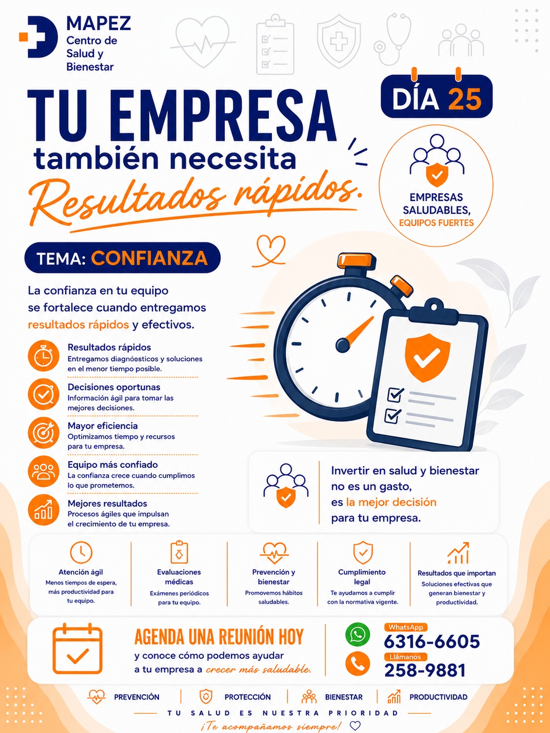 La agilidad y la eficiencia marcan la diferencia en tu equipo. 🏢⏱️

Porque el tiempo de tu empresa es valioso, entregar diagnósticos oportunos fortalece la confianza y permite tomar mejores decisiones con total seguridad.

Tema de hoy: CONFIANZA Y RESULTADOS RÁPIDOS ✨

¿Cómo impacta la rapidez y eficacia en tu organización?

⏱️ Resultados rápidos: Entregamos diagnósticos y soluciones en el menor tiempo posible.

✅ Decisiones oportunas: Información ágil para tomar las mejores decisiones.

🎯 Mayor eficiencia: Optimizamos tiempo y recursos para tu empresa.

🤝 Equipo más confiado: La confianza crece cuando cumplimos lo que prometemos.

📈 Mejores resultados: Procesos ágiles que impulsan el crecimiento de tu negocio.

Invertir en salud y bienestar no es un gasto, es la mejor decisión para tu empresa. Agenda una reunión hoy con nosotros y descubre cómo podemos ayudar a tu equipo a crecer más saludable.

#Mapez #ResultadosRapidos #SaludOcupacional #EmpresasSaludables #BienestarLaboral #SaludEmpresarial #Prevencion #Productividad #LaChorrera #SaludPanama