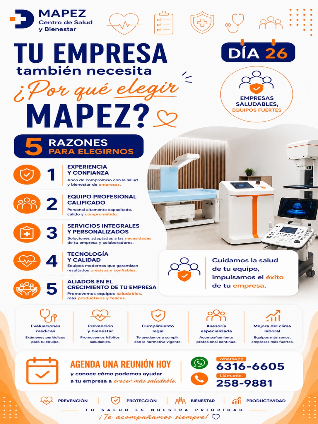 Porque el bienestar de tus colaboradores merece el más alto estándar de compromiso y profesionalismo. Aquí te compartimos 5 razones para confiar en nosotros:

Tema de hoy: ¿POR QUÉ ELEGIR MAPEZ? 📋

🛡️ Experiencia y confianza: Años de compromiso con la salud y bienestar de empresas.

👥 Equipo profesional calificado: Personal altamente capacitado, cálido y comprometido.

➕ Servicios integrales y personalizados: Soluciones adaptadas a las necesidades de tu empresa y colaboradores.

🩺 Tecnología y calidad: Equipos modernos que garantizan resultados precisos y confiables.

🤝 Aliados en el crecimiento de tu empresa: Promovemos equipos saludables, más productivos y felices.

Cuidamos la salud de tu equipo, impulsamos el éxito de tu empresa. Agenda una reunión hoy y descubre cómo podemos ayudar a tu organización a crecer más saludable.

#Mapez #SaludOcupacional #EmpresasSaludables #BienestarLaboral #SaludEmpresarial #Prevencion #Productividad #LaChorrera #SaludPanama